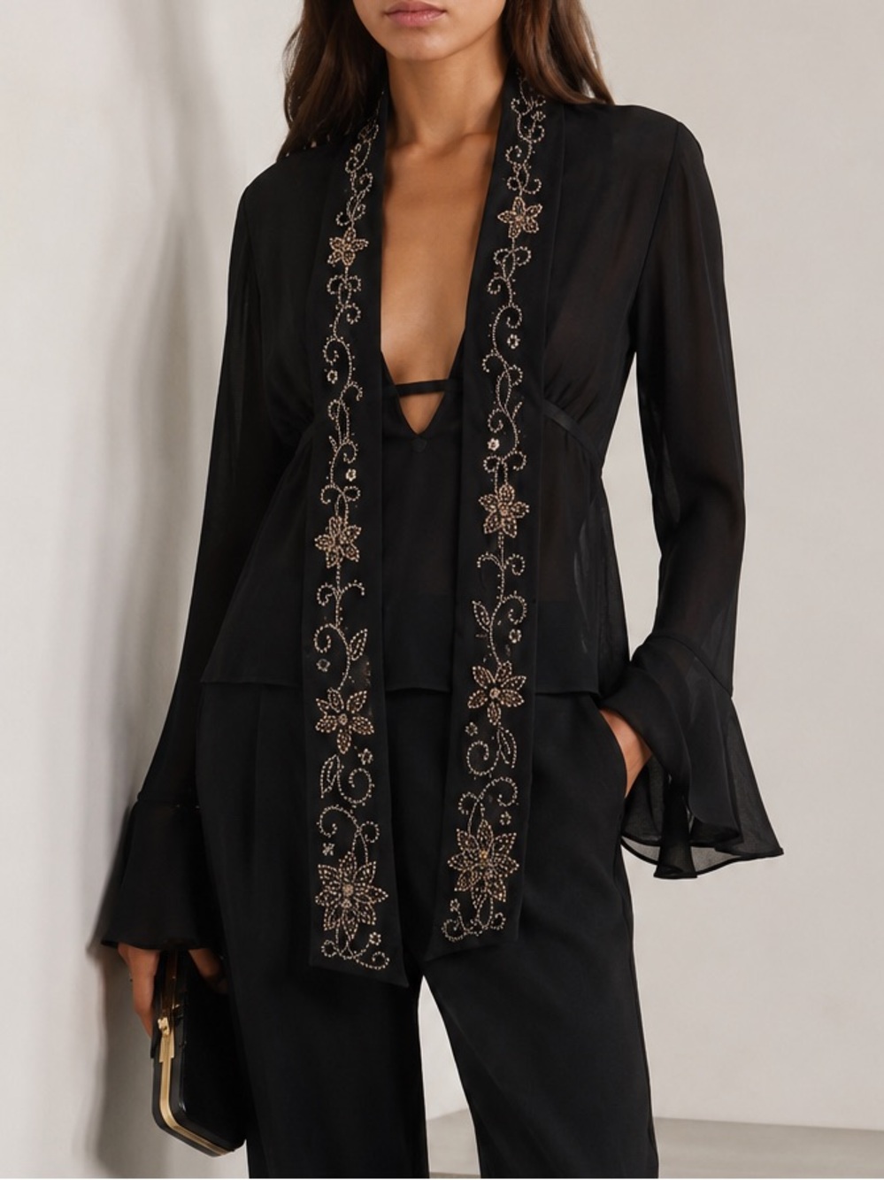 ZARA Embroidered Georgette Foulard Shirt | Black | Size L (Fits M)